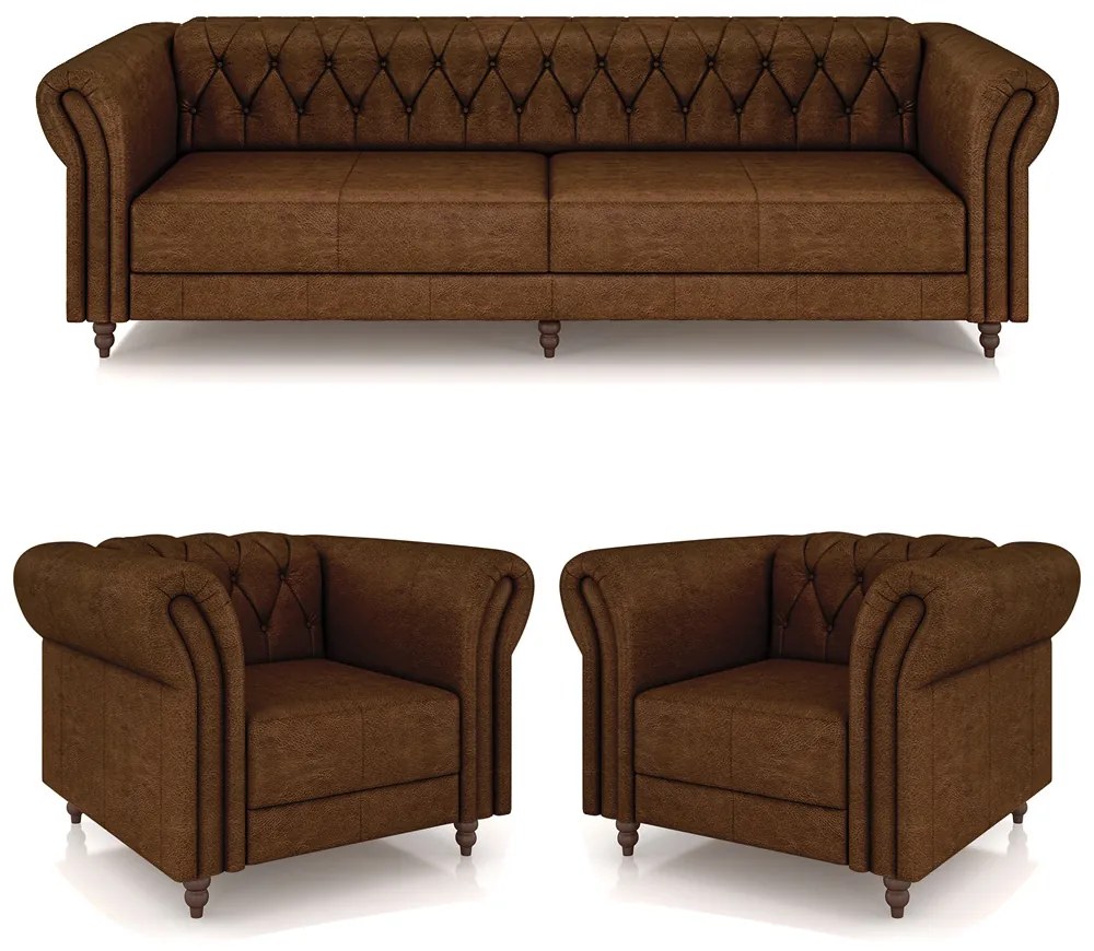 Conjunto Sala de Estar 1 Sofá Living 260cm e 2 Poltronas Stanford Chesterfield Pés Madeira Couro Marrom Manchado G58 - Gran Belo