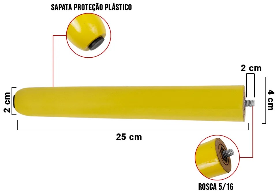 Kit 4 Pés Palito Amarelo 25 cm com Rosca Metal para Móveis D10 - D'Rossi