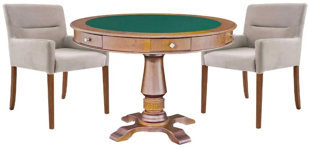 Mesa de Jogos Carteado Victoria Redonda Tampo Reversível Amêndoa com Kit 2 Cadeiras Vicenza Nude G36 G15 - Gran Belo