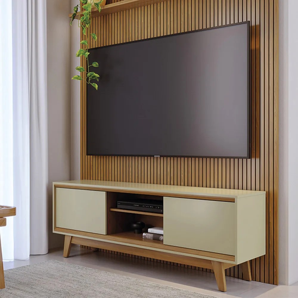 Painel TV 65 Pol 179cm Ripado Valen e Rack Bancada Mylan M20 - D'Rossi - Cumaru(fosco)/Opala(brilho)