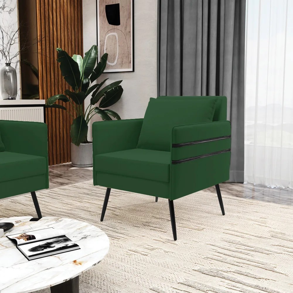 Kit 02 Poltronas Mari Veludo Verde Pés Palito de Ferro Preto - D'Rossi