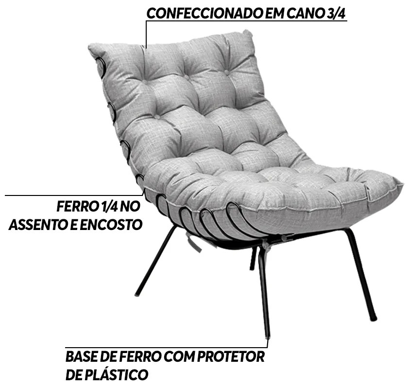 Poltrona Decorativa Sala de Estar Abel Base de Ferro Preto Linho Cinza G41 - Gran Belo
