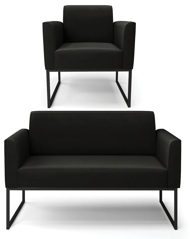 Sofá Namoradeira com Poltrona Base Industrial Preto Marisa Suede D03 - D'Rossi - Preto