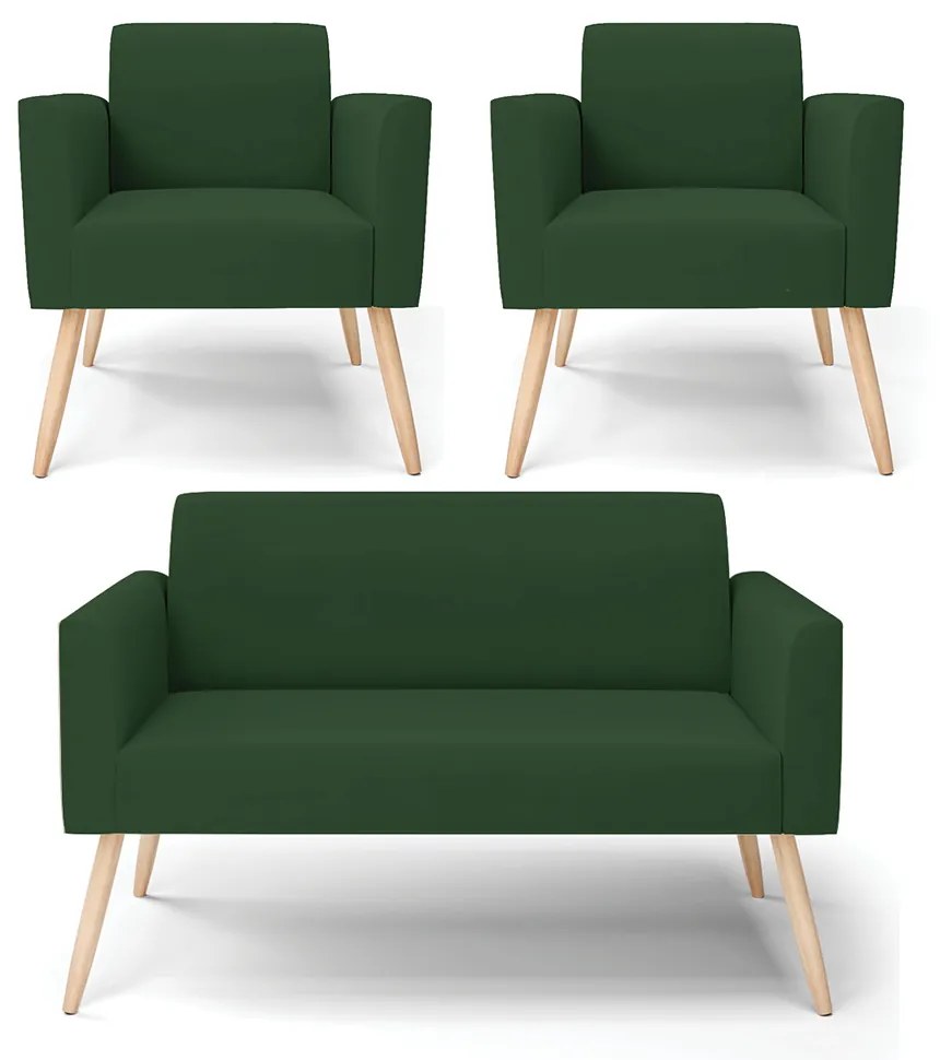 Sofá Namoradeira com 2 Poltronas Pés Palito Natural Marisa Veludo D03 - D'Rossi - Verde