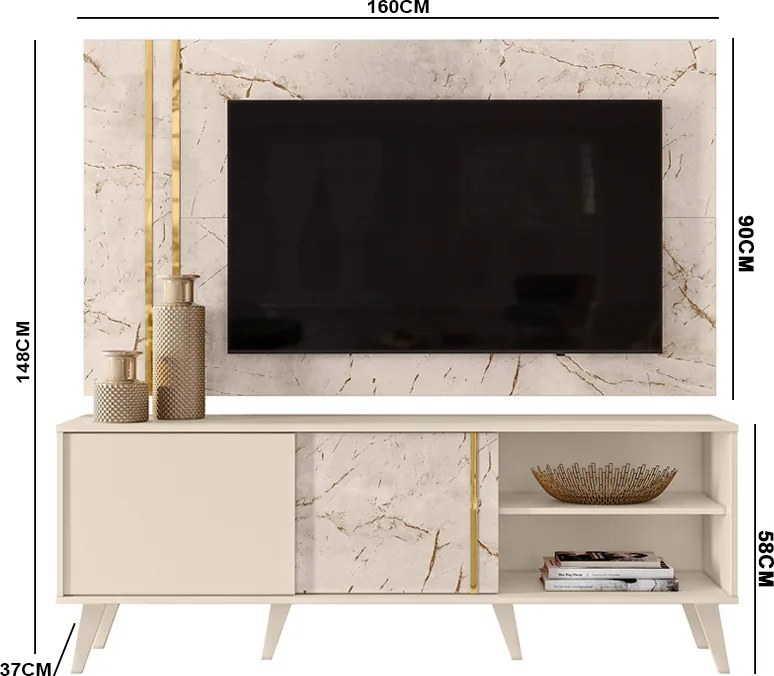 Painel TV 60 Pol 160cm com Rack Bancada para Sala Hylon Calacata/Off White M20 - D'Rossi