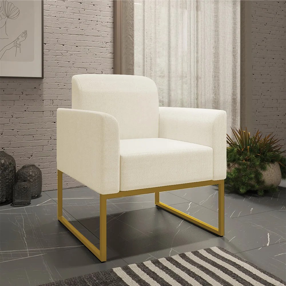 Kit 02 Poltronas Marisa Linho Areia A27 Base Industrial Metálica Dourado D03 - D'Rossi