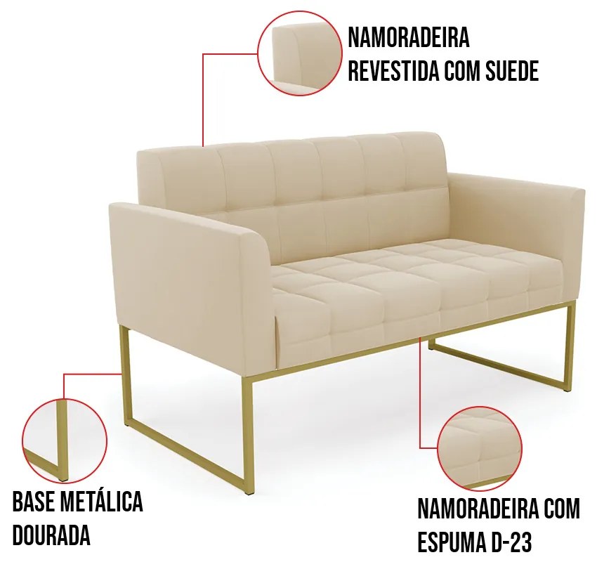 Kit 1 Sofá Namoradeira e 2 Poltronas Elisa Suede Base Metálica Industrial Dourado D03 - D'Rossi - Bege