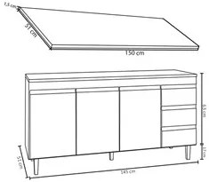 Balcão Gabinete Para Pia 150cm com Tampo 3 Portas Andréia Branco - AJL