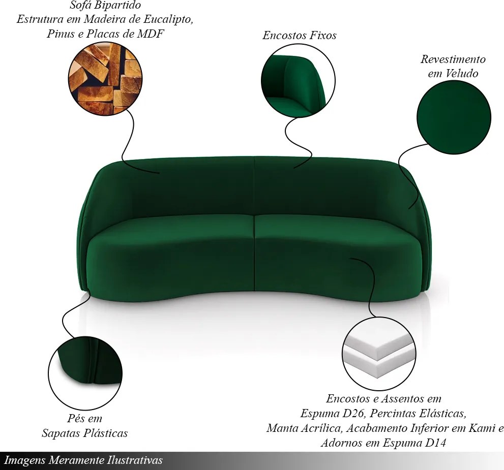 Sofá Decorativo Sala de Estar Bipartido 288cm Clarke Veludo Verde G45 - Gran Belo