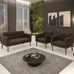 Sofá Namoradeira e 2 Poltronas Base Madeira Castanho Ana Suede Marrom