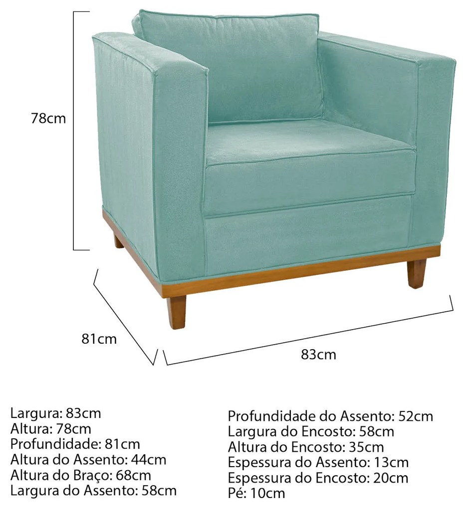 Kit Sofá 2 Lugares e Poltrona Europa Suede Azul Tiffany ADJ Decor