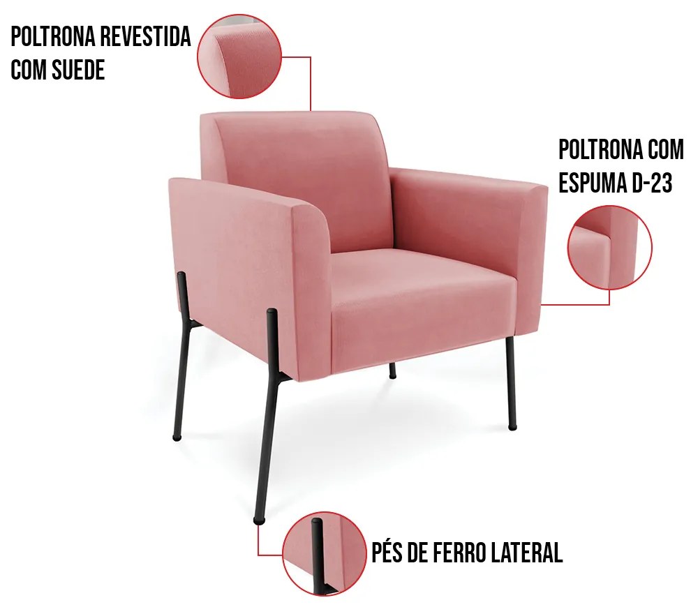 Poltrona Pé de Ferro Preto para Sala Kit 2 Marisa Suede D03 - D'Rossi - Rose