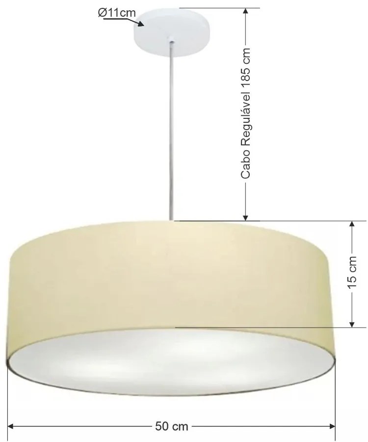 Lustre Pendente Cilíndrico Md-4217 Cúpula  em Tecido 50x15cm Algodão Crú - Bivolt