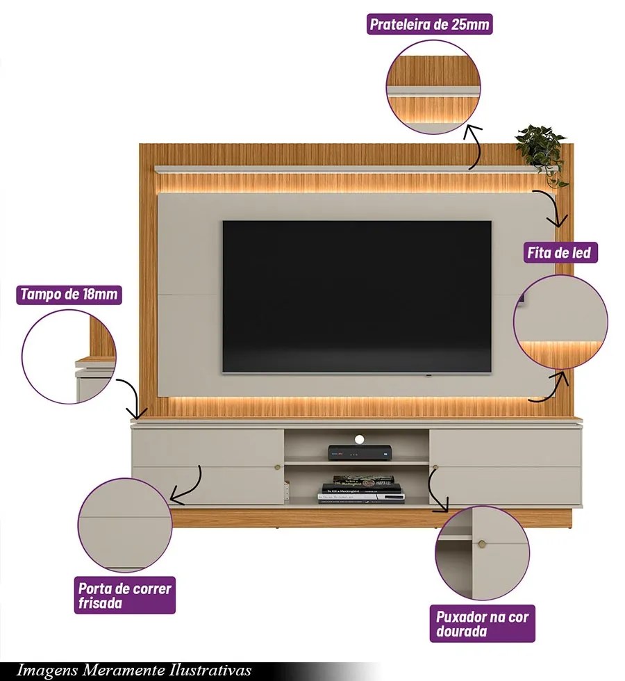 Estante Home 215cm Valdivia com LED para Tv até 75 Nature/Off White G77 - Gran Belo