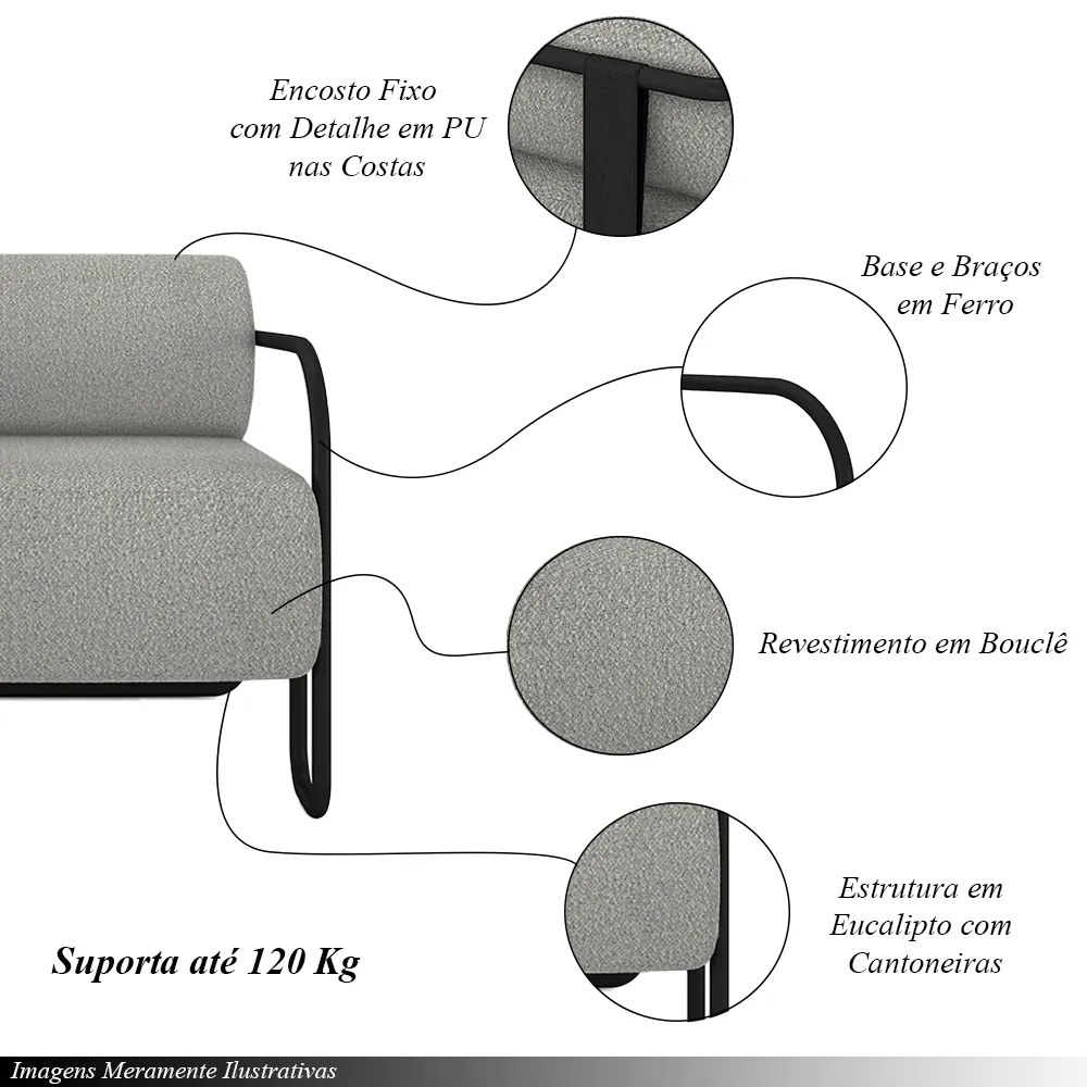 Poltrona Decorativa Sala de Estar Polatsk Base Industrial de Ferro Bouclê Cinza G33 - Gran Belo