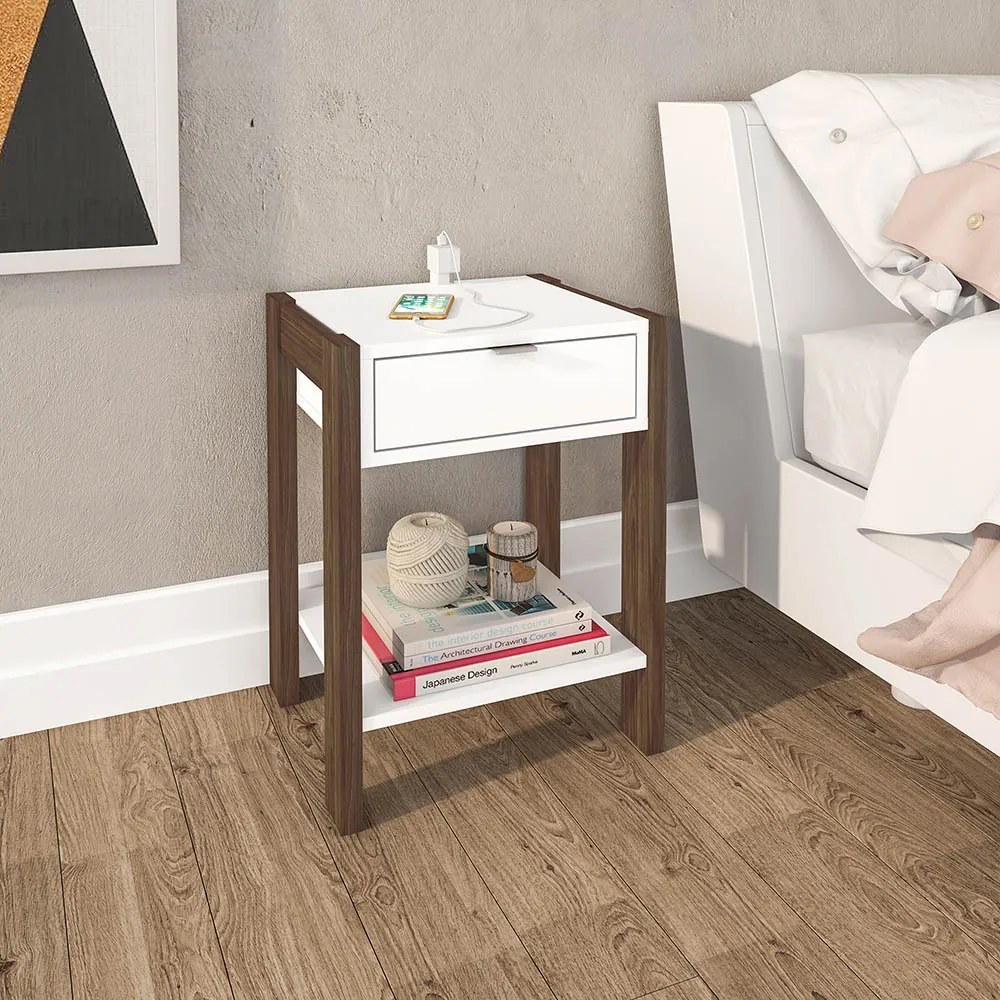 Mesa de Cabeçeira para Quarto Decorativa AZ1016 MDP Branco/Nogal G69 - Gran Belo