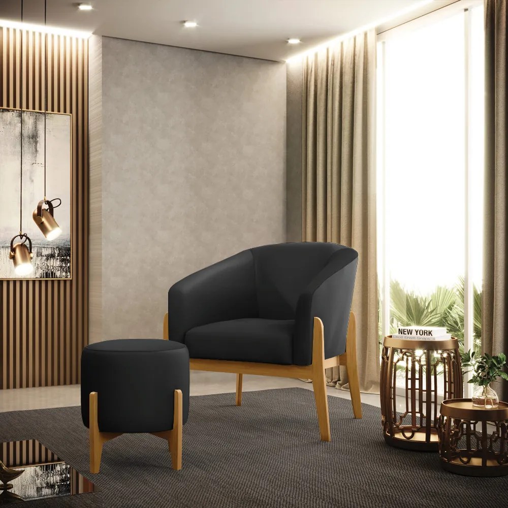 Puff Decorativo Stella Sintético Base Madeira Castanho D03 - D'Rossi - Preto