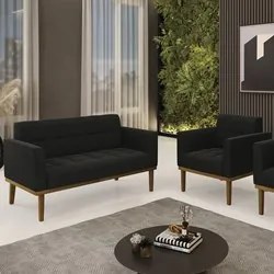 Sofá Namoradeira e 1 Poltrona Base Madeira Castanho Ana Suede Preto -