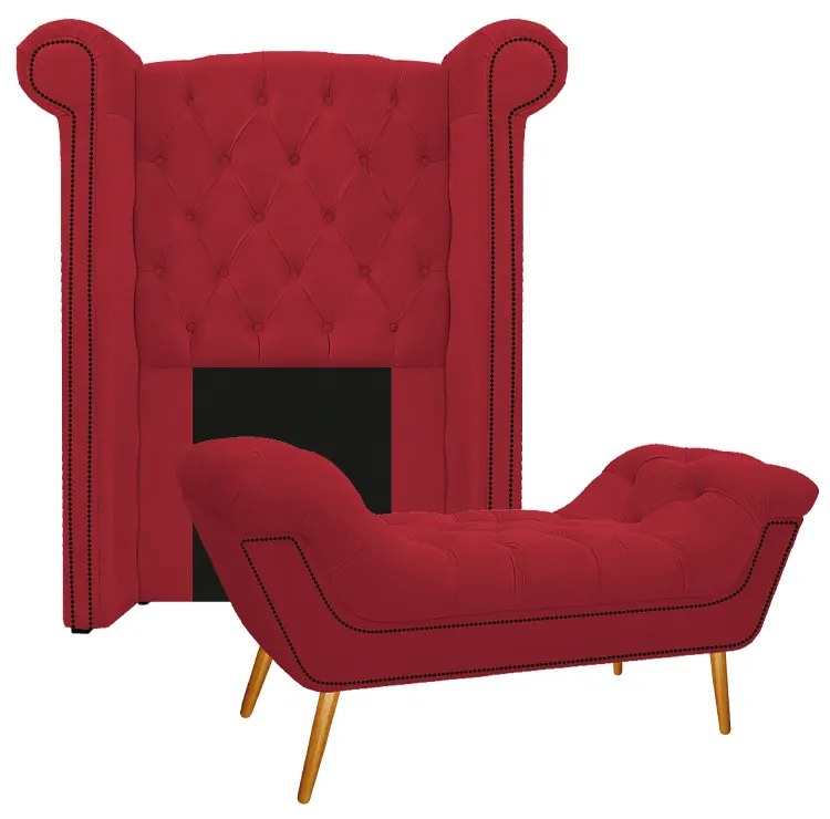 Kit Cabeceira e Calçadeira Veneza 100 cm Solteiro Suede Vermelho - ADJ Decor