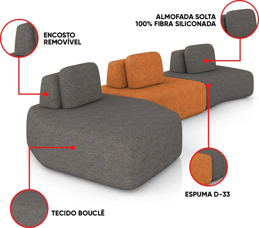 Sofá 3 Lugares Orgânico com Chaise e  2 Módulos Berlim Bouclê Gf K01 - D'Rossi - Grafite/Caramelo