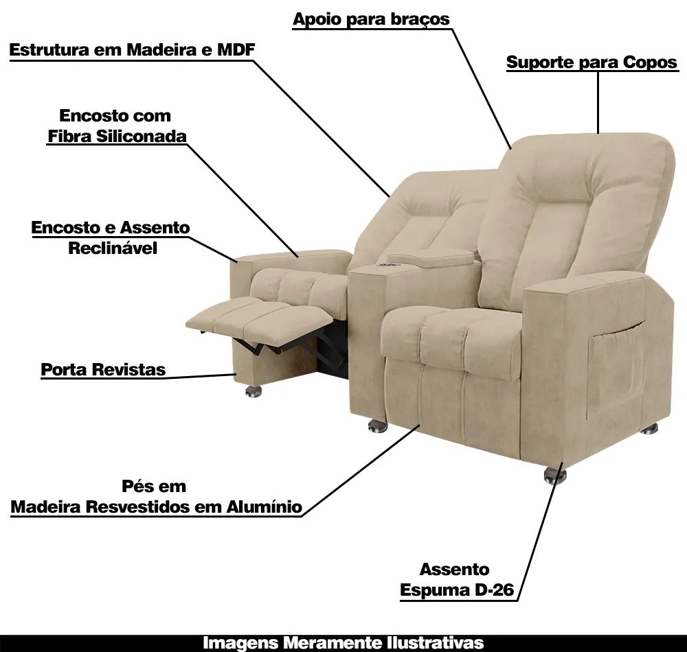Poltrona Reclinável 2 Lugares para Sala de Cinema Pequim Suede Bege G23 - Gran Belo