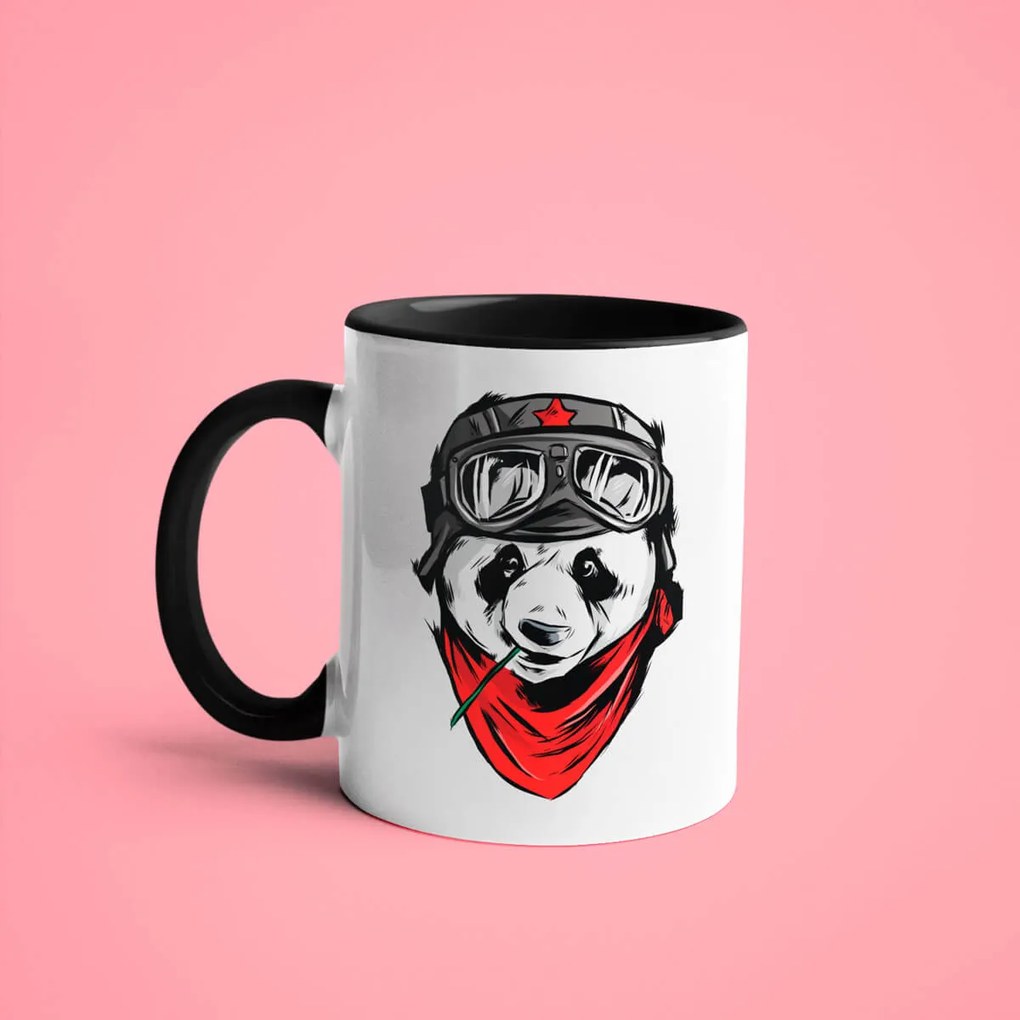 Caneca Panda Aviador Geek Nerd Branca com Alça Preta