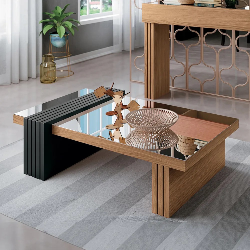 Mesa de Centro com Espelho Riad Decorativa Sala de Estar Freijó/Preto  G26 - Gran Belo