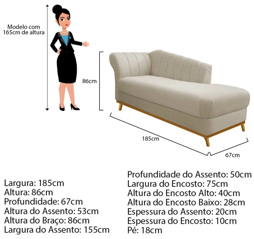 Recamier Vanessa 185cm Lado Direito Suede Bege - ADJ Decor