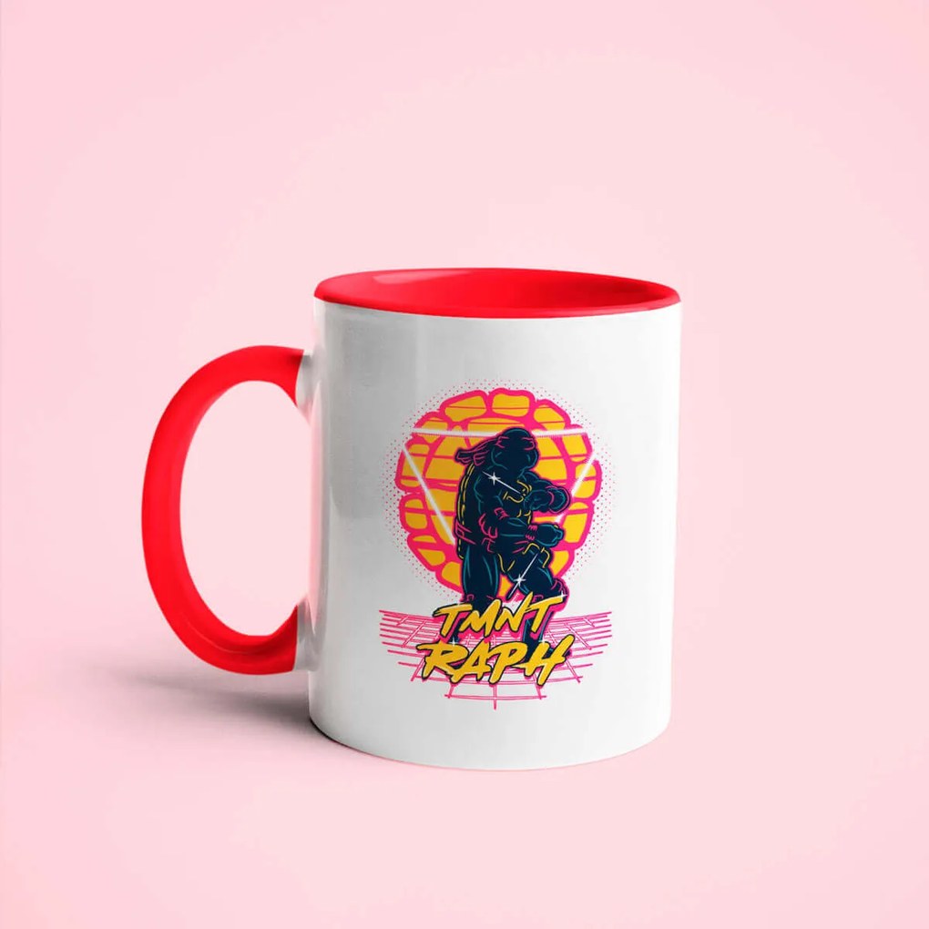 Caneca Tartarugas Ninjas Raphael Geek Nerd Branca com Alça Vermelho