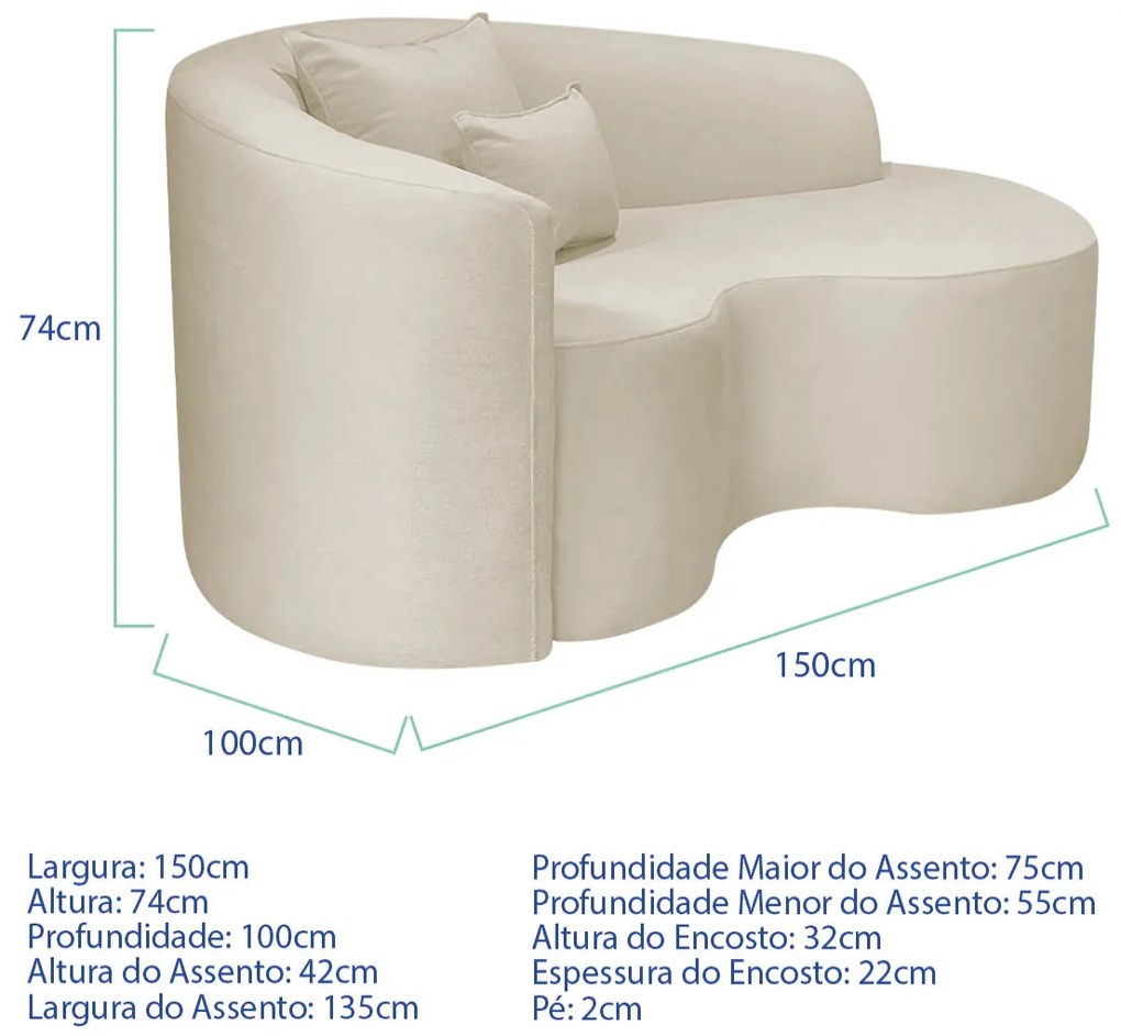 Kit Recamier Curvo Sala de Estar Inglaterra 150cm Lado Direito e 2 Poltronas Orgânica Luxo Amore Bouclé