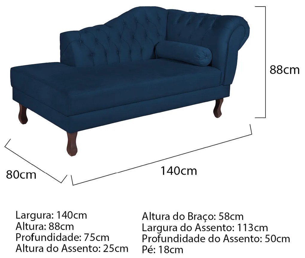 Recamier Diana 140cm Lado Esquerdo Suede Azul Marinho - ADJ Decor