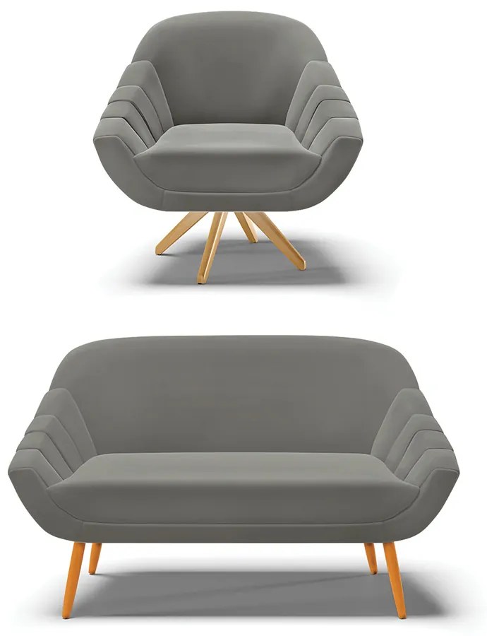 Kit 01 Namoradeira 02 Lugares e 01 Poltrona Giratória Giovana Suede Grafite Base Madeira MA30 - D'Rossi