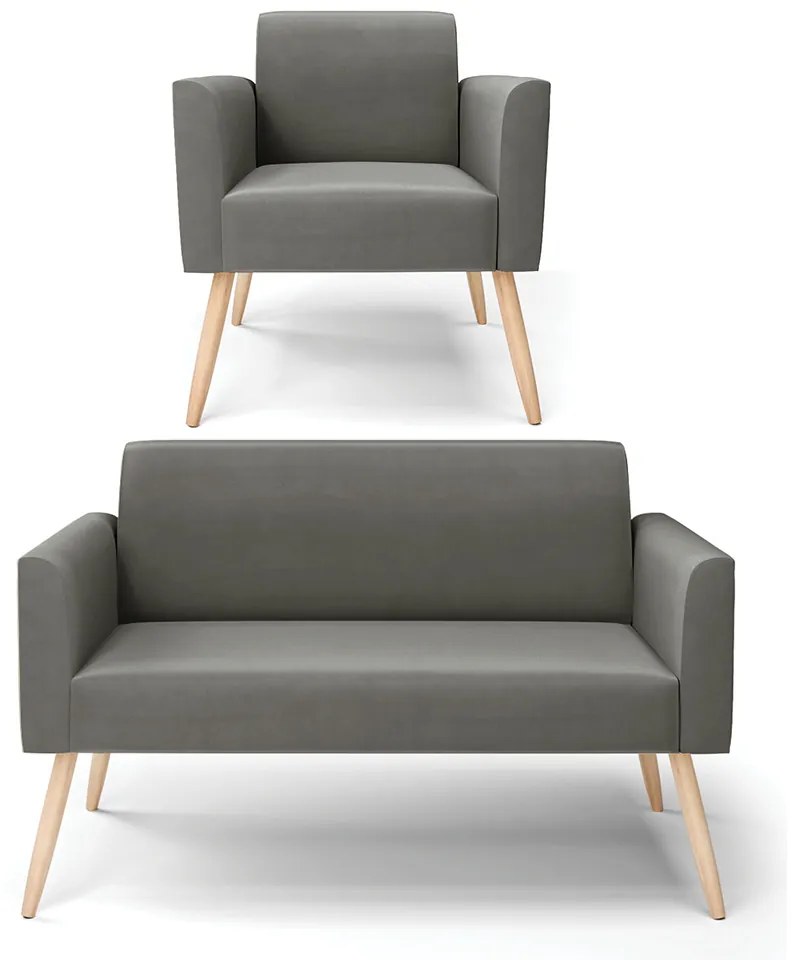 Sofá Namoradeira com Poltrona Pés Palito Natural Marisa Suede Grafite D03 - D'Rossi