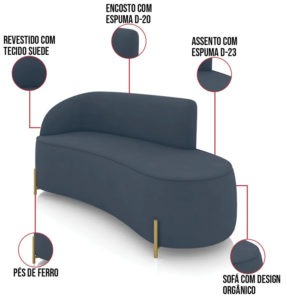 Sofá 3 Lugares Orgânico 180cm Pé Dourado Morgan Suede D03 - D'Rossi - Azul Marinho
