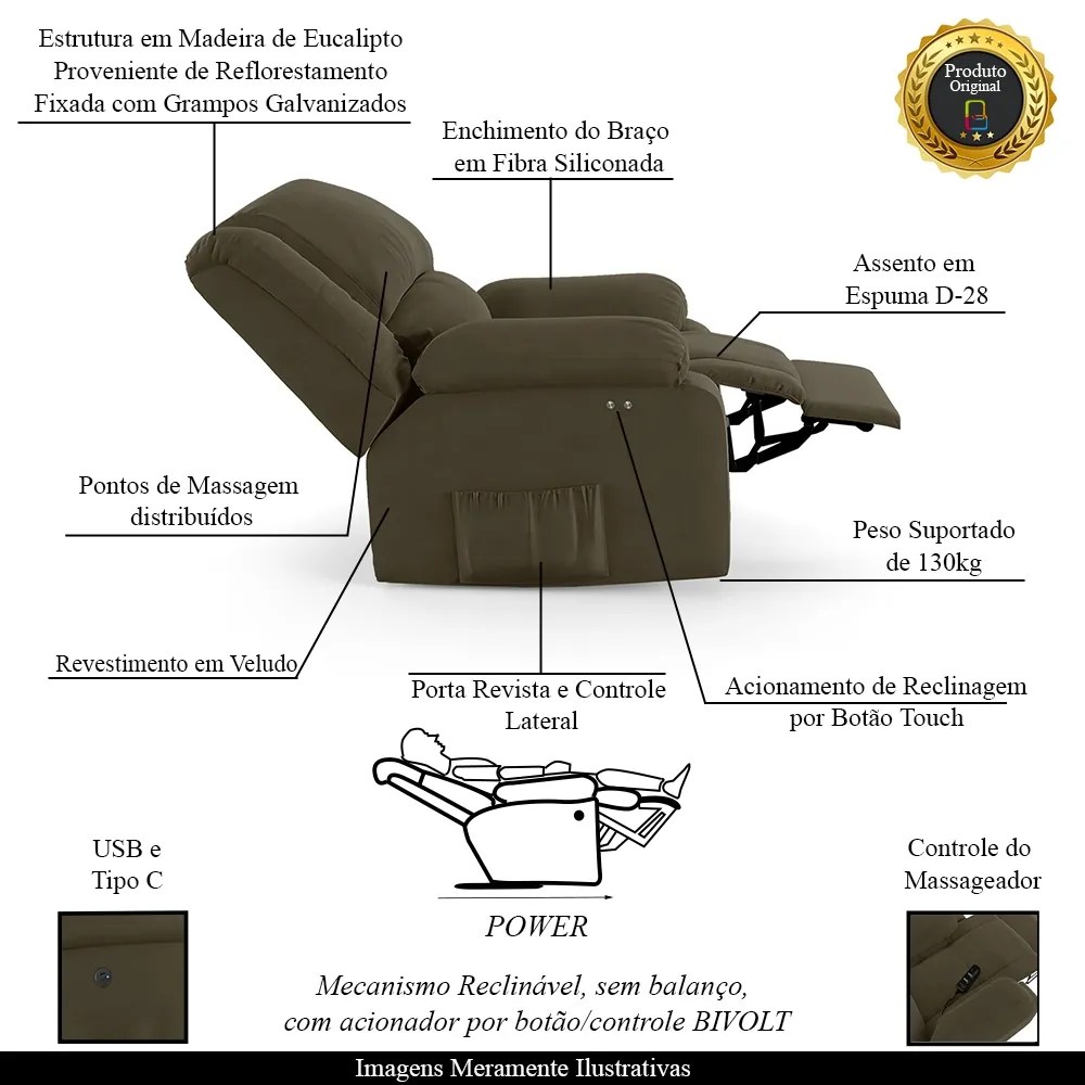 Poltrona do Papai Reclinável Sala de Cinema Madrid Power Touch Massagem USB Veludo Capuccino G23