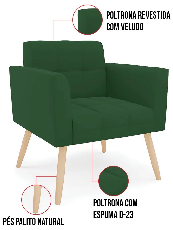 Kit 1 Sofá Namoradeira e 2 Poltronas Elisa Veludo Pés Palito Natural D03 - D'Rossi - Verde