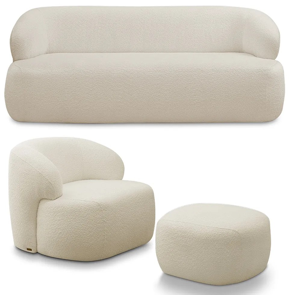Conjunto Sala de Estar Decorativo Charlote 1 Sofá 180cm 2 Lugares 1 Poltrona Base Fixa com Puff Bouclê Bege G88 - Gran Belo
