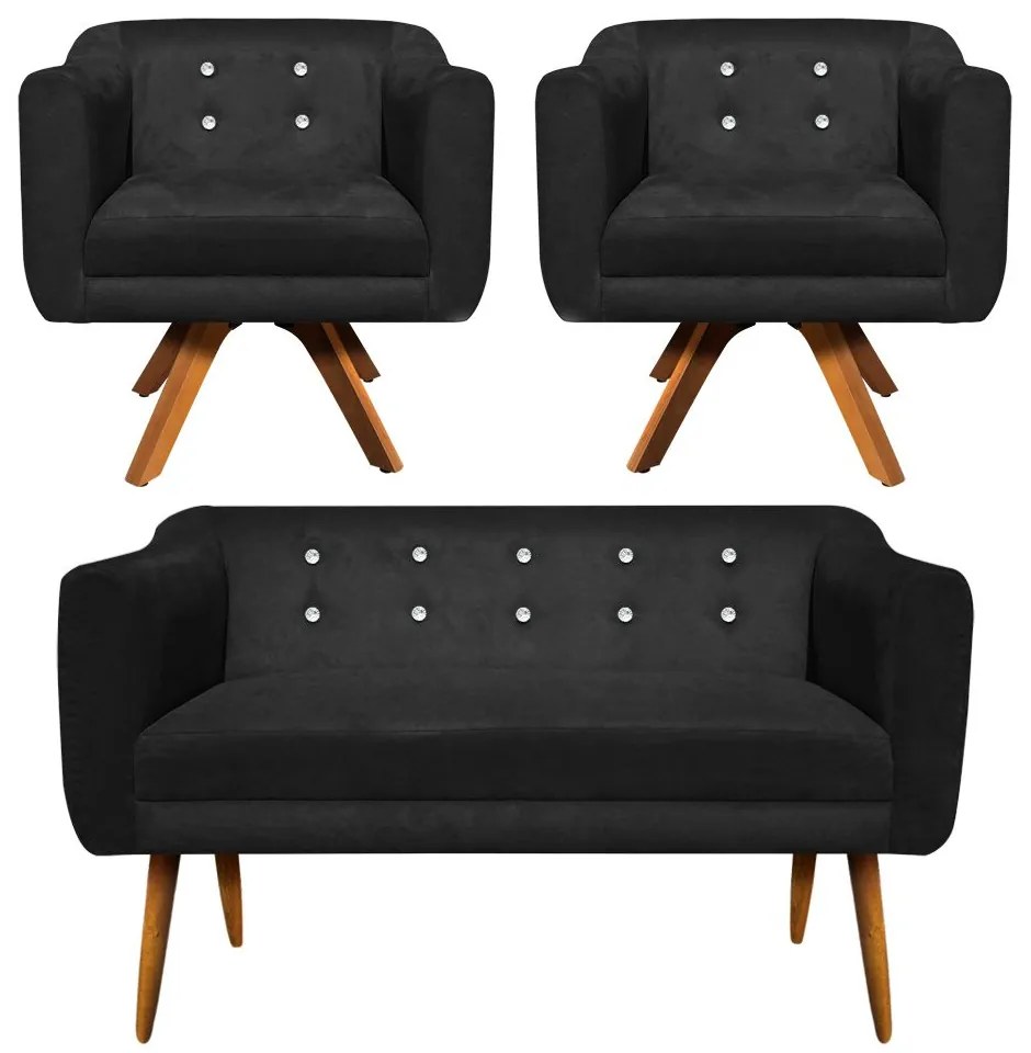 Kit 01 Namoradeira e 02 Poltronas Giratória Julia Suede com Strass Base Madeira MM30 D01 - D'Rossi - Preto