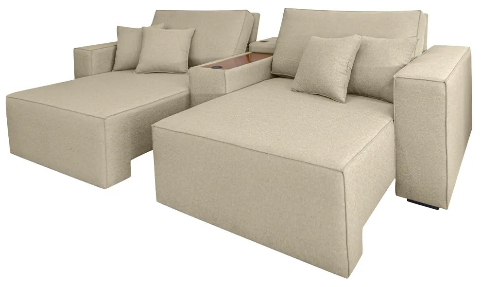 Sofá Decorativo Automatizado Shogun 252cm Reclinável 6 Posições Retrátil c/Console Central Entrada USB Bluetooth Linho Bege Escuro G33 - Gran Belo