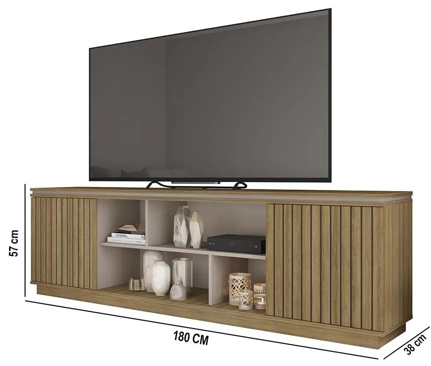 Rack TV 75 Pol 180cm Bancada Ripado com Rodízio Noan Bege Amarelado/Cinza C01 - D'Rossi