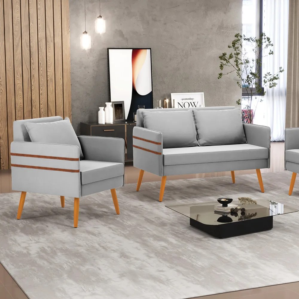 Kit 1 Namoradeira 02 Lugares e 1 Poltrona Mari Suede Cinza Pés Palito Castanho - D'Rossi