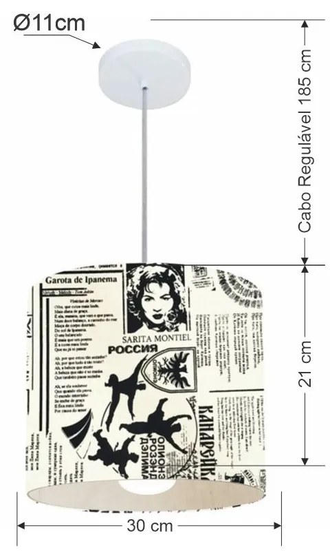 Lustre Pendente Cilíndrico Md-4054 Cúpula em Tecido 30x21cm Ny-Jornal - Bivolt