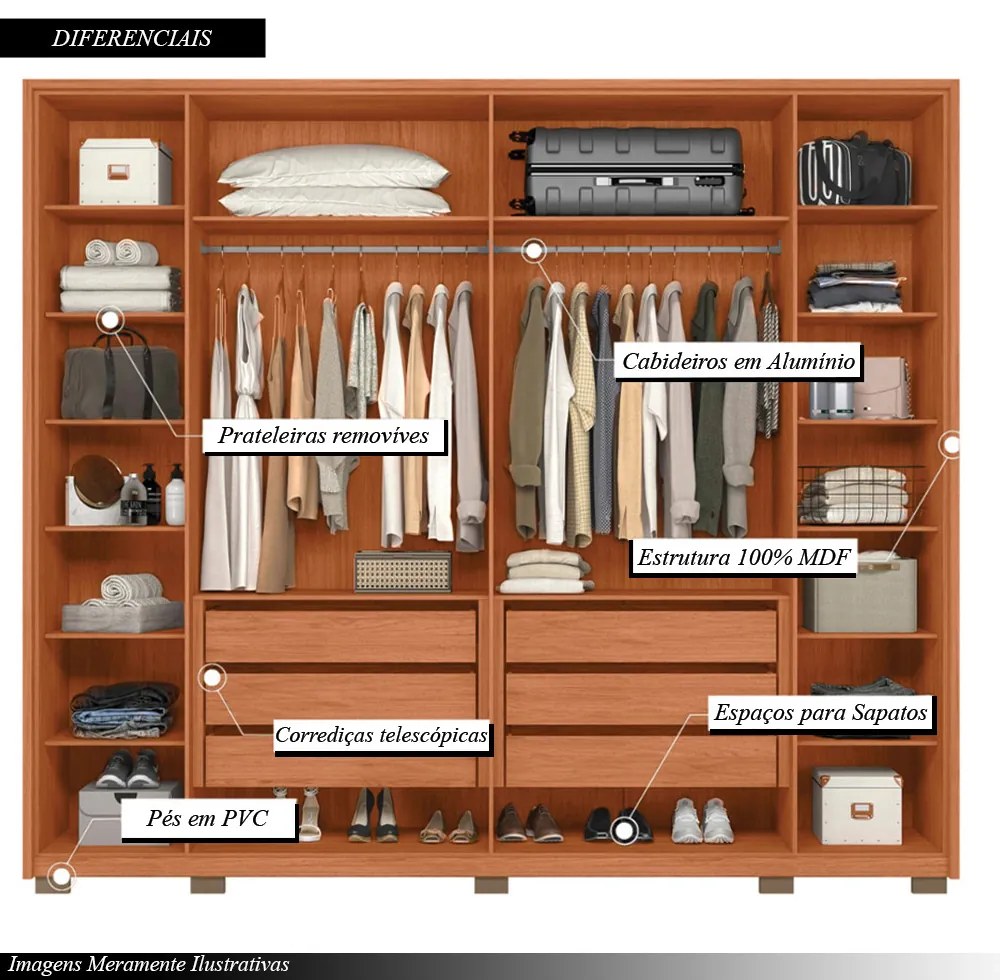 Guarda Roupa Casal Ema com 6 Portas de Bater e 6 Gavetas em MDF OffWhite/Freijo G11 - Gran Belo