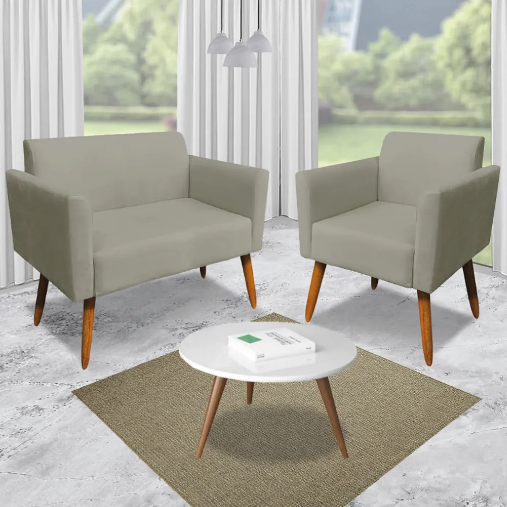 Conjunto Namoradeira e 2 Poltronas Decorativas Isabella Pés Palito Madeira Suede Nude G19 - Gran Belo