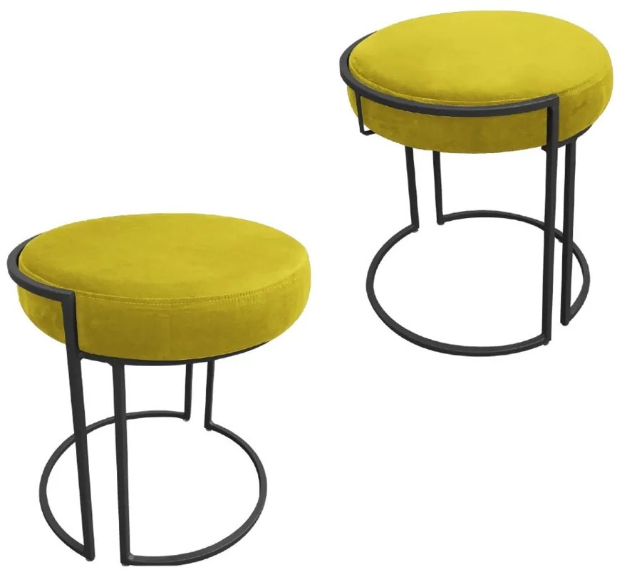 Puff Redondo Base Industrial Preto Kit 2 Love Suede - Amarelo