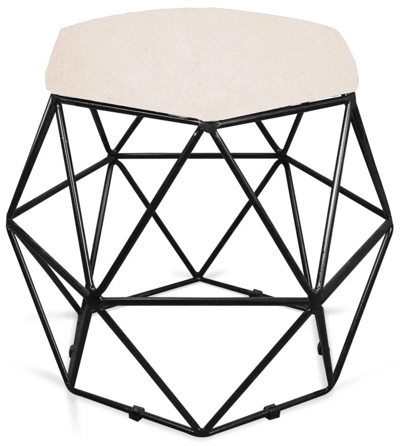 Puff Aramado Hexágono Decorativo Industrial Preto com Linho Areia D03 - D'Rossi
