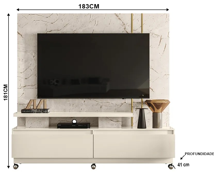 Estante de TV 75 Pol 183cm com Rodízio Sala Belora M20 - D'Rossi - Calacata e Off White