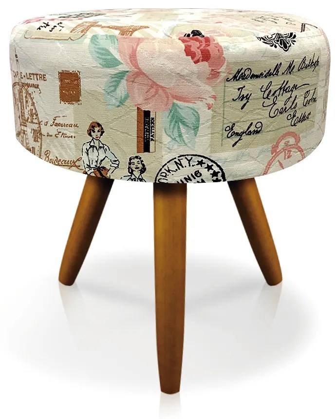 Puff Larissa Estampado Retrô Rosa D61 Pés Palito Castanho - D'Rossi