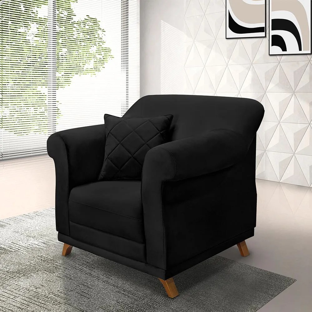 Poltrona Decorativa com 1 Almofada Armstrong Suede Preto G63 - Gran Belo