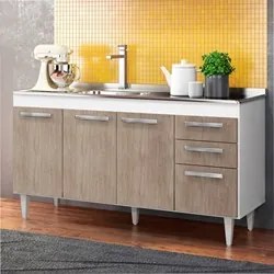 Balcão Gabinete Lis com Pia Inox 150cm 4 Portas L03 Branco/Castanho -